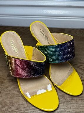 Women’s shoes Embellished Rhinestone rainbow Slip On heels size 7 Neon yellow